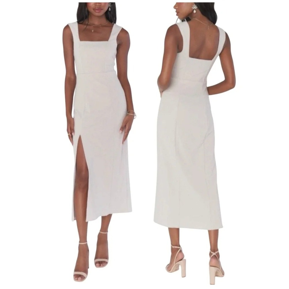 Show Me Your Mumu Eden Midi Dress Beige XS Square Neck Slit Wedding Guest